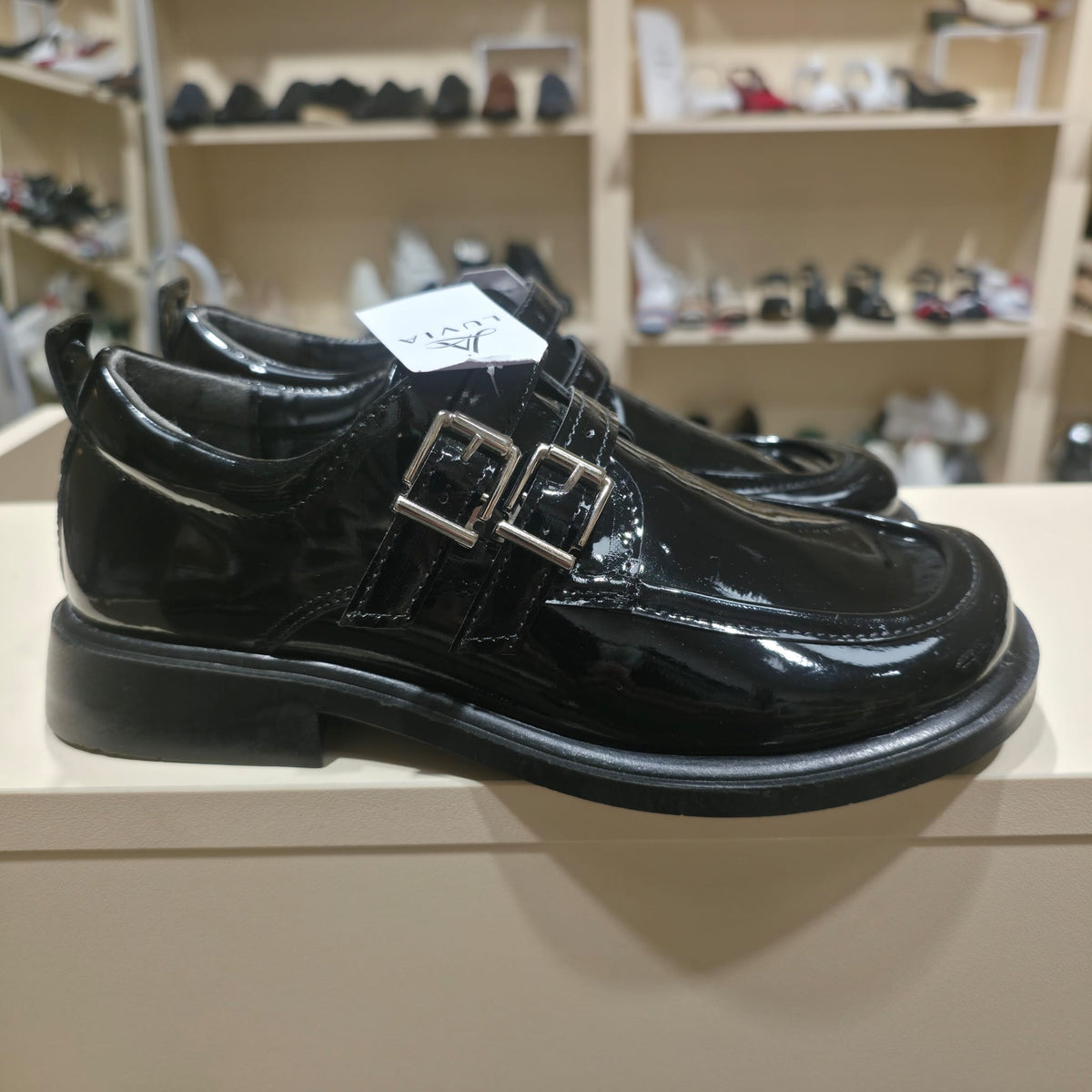 Handmade Patent Leather Double Buckle Flat – Black