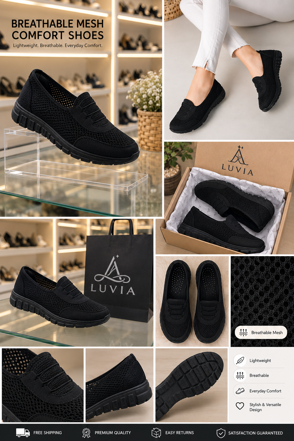 Black Mesh Lightweight Slip-On Shoes