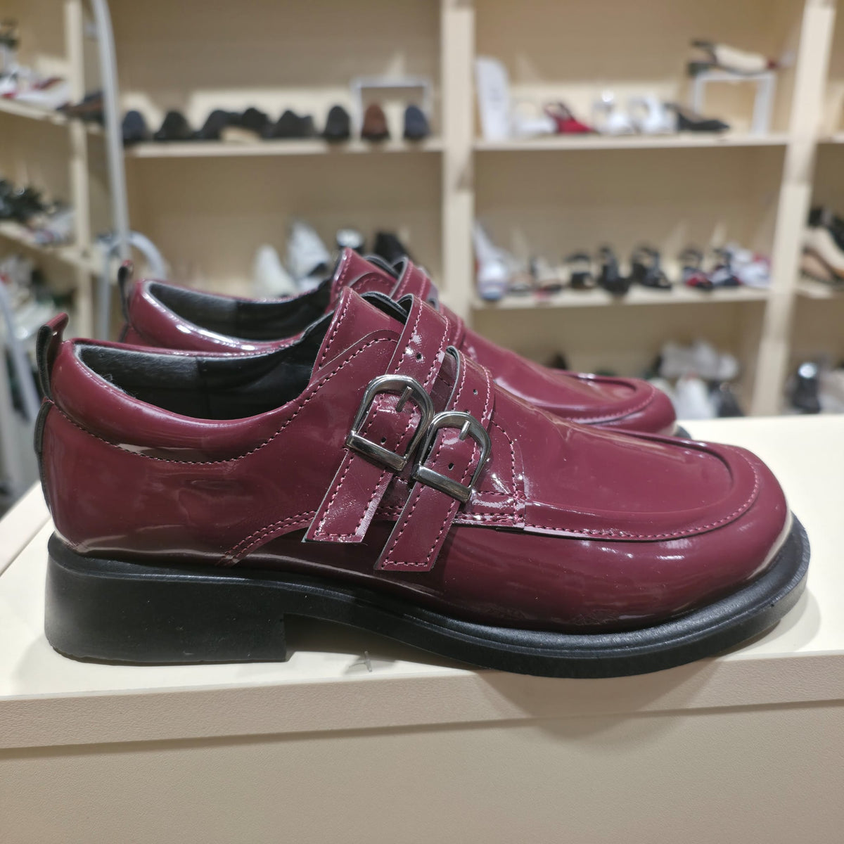 Handmade Patent Leather Double Buckle Flat