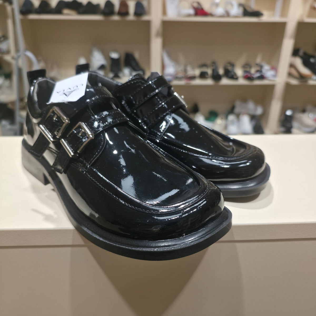 Handmade Patent Leather Double Buckle Flat – Black