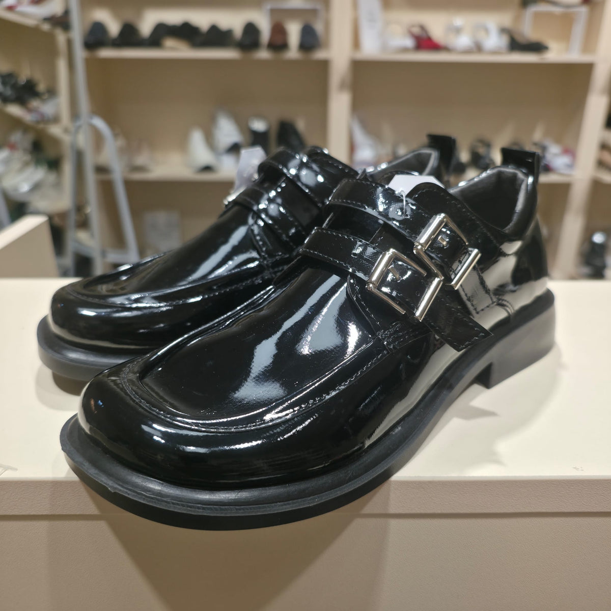 Handmade Patent Leather Double Buckle Flat – Black