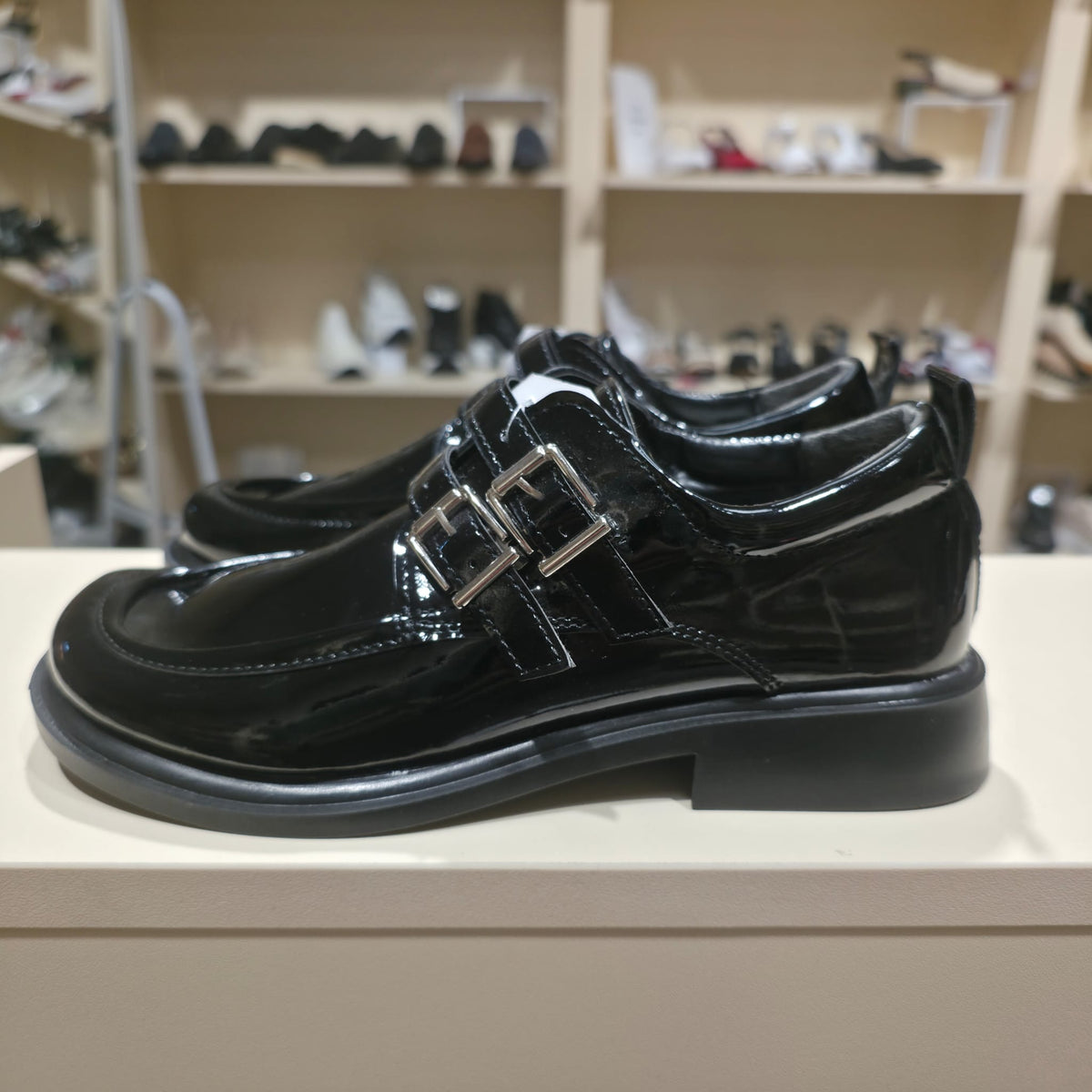 Handmade Patent Leather Double Buckle Flat – Black